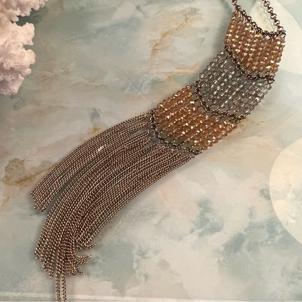 Ombré Bead Fringe Gold Tone Festival Necklace